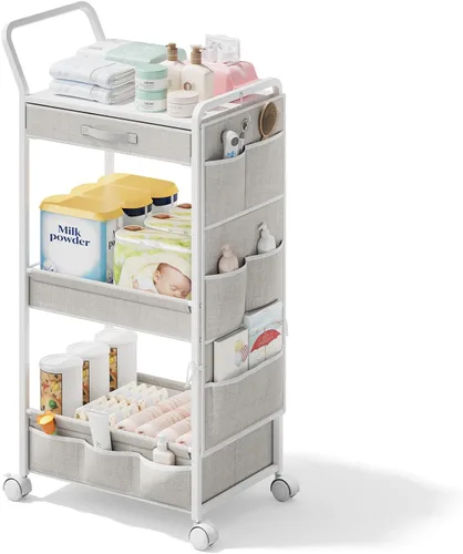 Vista 9 de BBLIKE Organizador de pañales de 3 niveles – Carrito de bebé utilitario rodante con cesta y bolsillos laterales para guardería y artículos