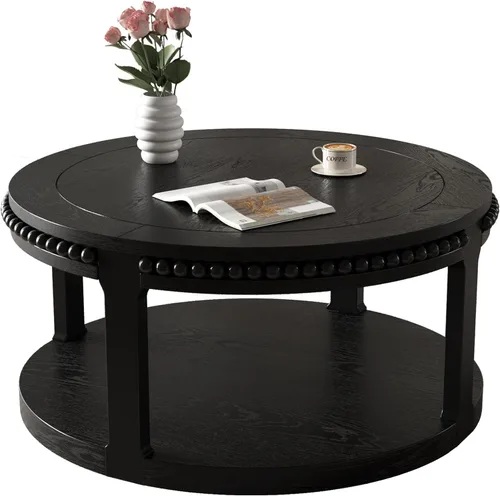Vista 6 de WILLIAMSPACE Mesa de centro redonda de madera maciza de 31.5 pulgadas con parte superior gruesa de dos niveles, mesa central de madera moderna, mesa
