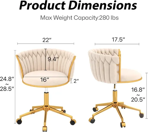 Vista 2 de Silla de oficina en casa tejida de terciopelo, moderna silla de escritorio giratoria con ruedas, silla de tocador ajustable en altura con base