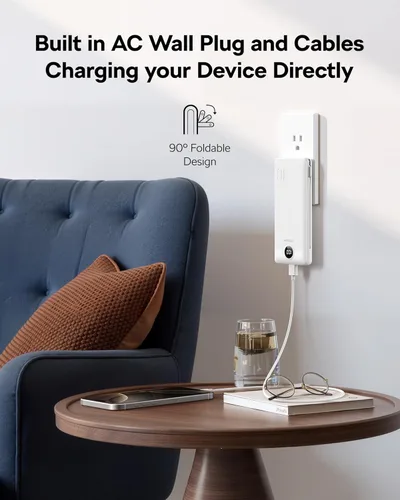 Vista 2 de VEGER Cargador portátil con enchufe de pared AC, cargador portátil delgado de 10000 mAh con cables incorporados, banco de energía USB C de 15W