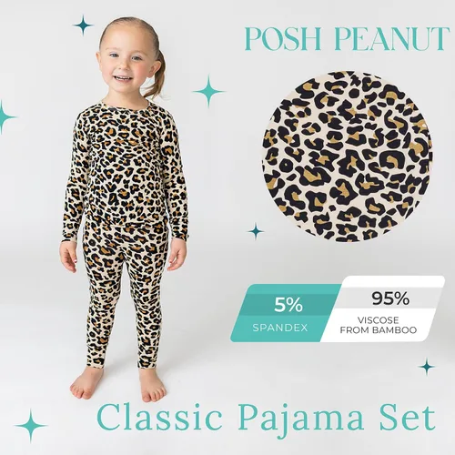 Vista 2 de Posh Peanut Pijamas para niñas, suaves, de viscosa de bambú para niños, pijamas a juego de manga larga para niñas