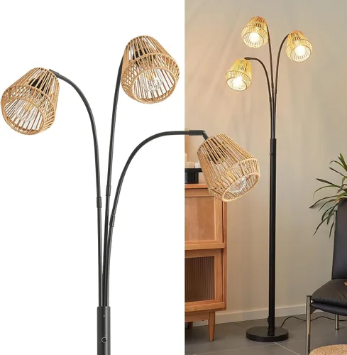 Vista 11 de Lámpara de pie de ratán para sala de estar, lámpara de pie boho de 80 pulgadas de altura con interruptor giratorio, lámpara de arco de 3 luces