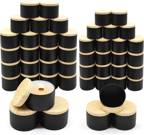 Vista 13 de Paquete de 12 tarros de velas, latas de velas de 4 onzas con tapas de impresión de grano de madera de metal, tarros de velas de metal vacíos