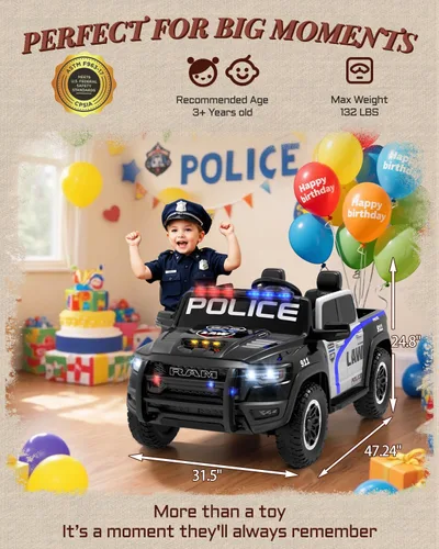 Vista 8 de First Ride On RAM 1500 RHO 24V - Coche de policía de 2 plazas para niños Negro