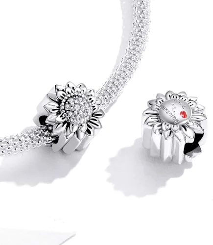 Vista 4 de Dijes de flor de rosa para pulseras Pandora de plata de ley 925 con diseño de corazón y corazón para pulsera (girasol), Cristal Esmalte, plata de ley