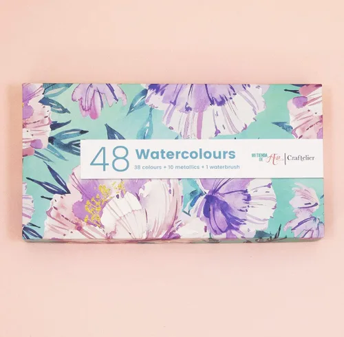 Vista 2 de Craftelier - Pastillero de acuarela con surtido de 48 colores + pincel de agua con depósito de agua para caligrafía, letras o medios mixtos y otras