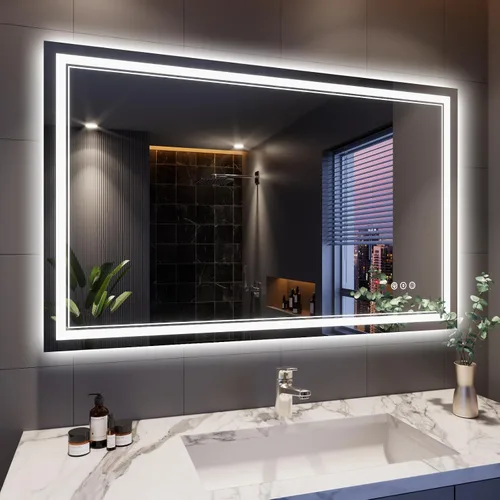 Vista 10 de Espejo de baño LED de 24 x 28 pulgadas, luz frontal y retroiluminada, antiniebla, regulable, espejo de tocador iluminado con memoria, espejo LED