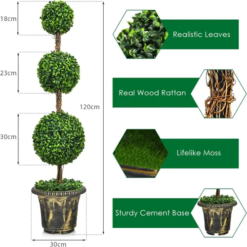 Vista 6 de Árbol artificial de boj de 4 pies, bolas triples Topiary en maceta de plástico rellena de cemento, plantas sintéticas para porche delantero, sala