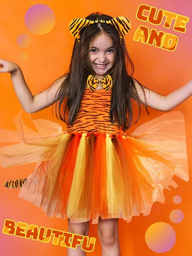 Vista 2 de Jiuguva Disfraz de animal de 4 piezas para Halloween, para fiestas infantiles, incluye tutú, diadema, orejas, corbatín y cola para cosplay (tigre)