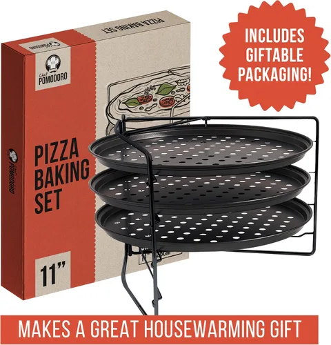 Vista 5 de Chef Pomodoro Juego de pizza para hornear con 3 bandejas para pizza y estante para pizza, (sartenes de 11 pulgadas), bandejas perforadas