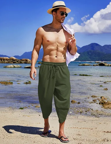 Vista 2 de COOFANDY Pantalones capri harén de lino para hombre, ligeros, sueltos, 34, con cordón elástico, cintura elástica, pantalones casuales para yoga