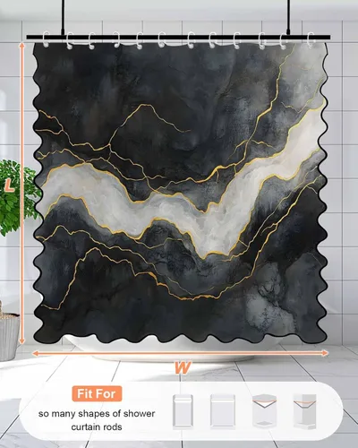 Vista 6 de Scalloped Shower Curtain for Bathroom 36"x72" Modern Minimalism Black Marble White Texture Waterproof Wave Bathroom Shower Curtain Sets with Hooks