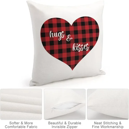 Vista 4 de Red and Black Buffalo Plaid Love Heart Hugs and Kisses Decorative Pillow Cover for Sofa Couch Chair Office Decor 16"x16",Romantic Valentine Pillow