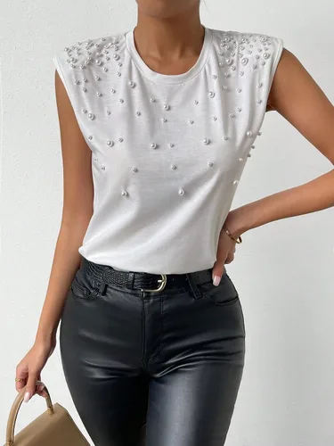 Vista 4 de SOLY HUX Camiseta sin mangas con cuentas de perlas para mujer, cuello redondo, camisetas de verano