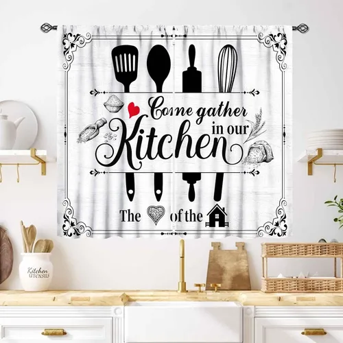 Vista 42 de Cortinas de cocina rústicas, color negro y blanco, tablón de madera con cuchillo y cuchara para barra, bolsillo para barra, tratamiento de ventana