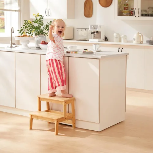 Vista 4 de Taburetes de bambú para niños, taburete de madera para cocina/baño/mesita de noche, taburete de doble escalón, soporta hasta 350 libras