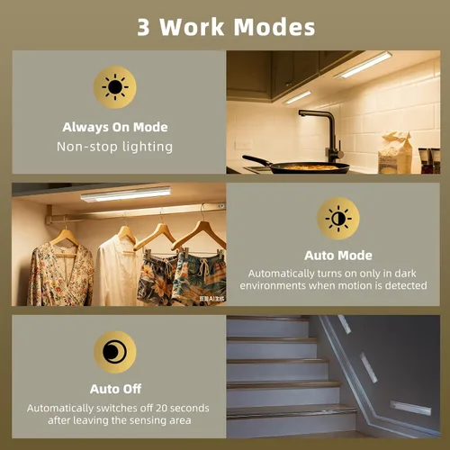 Vista 3 de Paquete de 4 luces para debajo del gabinete, luz recargable con sensor de movimiento para interiores, luces magnéticas inalámbricas regulables, 32