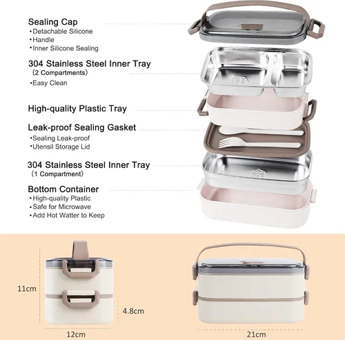 Vista 3 de Caja Bento de acero inoxidable para adultos y niños, lonchera japonesa a prueba de fugas, recipientes divididos para alimentos y comidas, juego