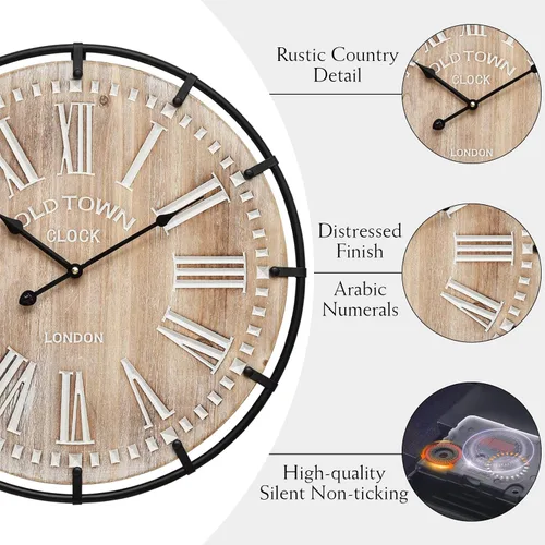 Vista 6 de Reloj de pared Grand Farmhouse de 20 pulgadas, diseño de madera y metal de inspiración vintage con grandes números grabados, reloj silencioso