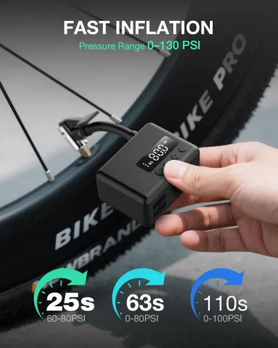 Vista 3 de Mini bomba de bicicleta, bomba de neumático eléctrica máxima de 130 psi, parada automática, bomba de bicicleta portátil con manómetro, bomba de aire