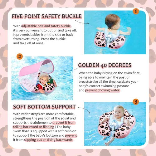 Vista 4 de Baby Pool Float, Leopard Toddler Pool Float Baby Float with Canopy, Infant Pool Floats for Kids 6-36 Months(18-33 lbs)
