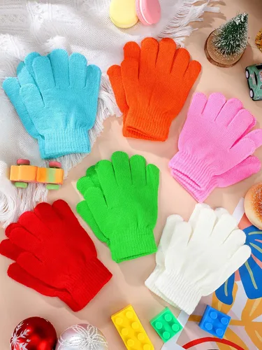 Vista 6 de Boao 6 pares de guantes para niños, dedos completos, guantes de punto para niños pequeños, guantes cálidos de invierno para niños y niñas
