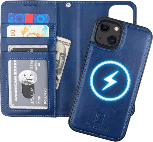 Vista 13 de Bocasal Funda tipo cartera desmontable para iPhone 13 con bloqueo RFID, ranuras para tarjetas, soporte de piel sintética de alta calidad, soporte