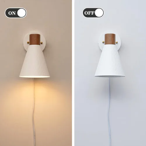 Vista 6 de Juego de 2 apliques de pared blancos enchufables, lámpara de pared moderna con cable de enchufe, aplique de madera con pantalla de metal martillado