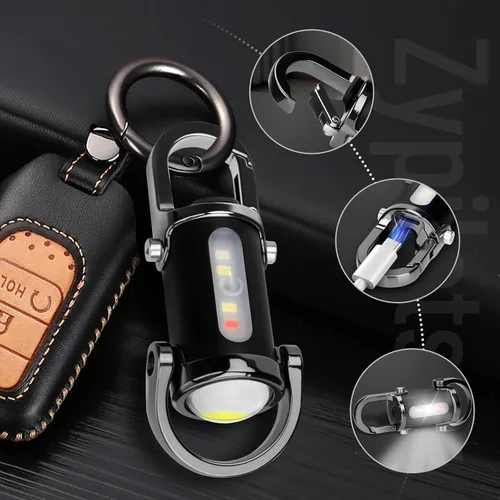Vista 7 de linterna mini LED súper brillante de 1200 lúmenes recargable por USB, pequeña linterna llavero impermeable de rescate, para camping - Negro