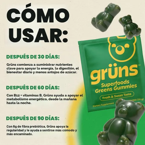 Vista 8 de Gruns - Gomitas Super Greens para Adultos, Ositos de Goma Multivitamínicos de Superalimentos, Espirulina, Clorela, Prebióticos y Gomitas de Fibra