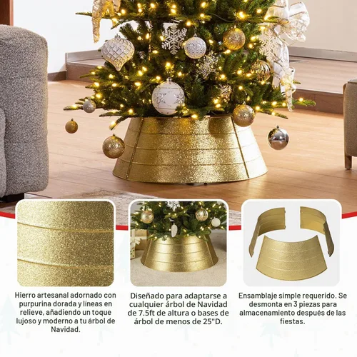 Vista 3 de Glitzhome Collar de árbol de Navidad, 25.75 pulgadas de profundidad, cubierta de base de árbol de metal dorado con purpurina, anillo de árbol