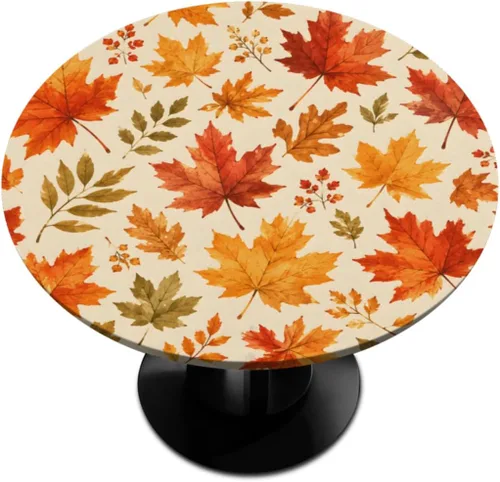 Vista 73 de Mantel redondo ajustado con diseño de calabaza de otoño, hojas de otoño, color amarillo, pequeño con borde elástico, manteles circulares lavables