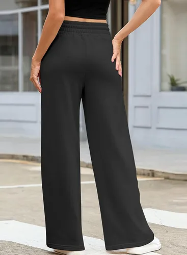 Vista 2 de Aleumdr Pantalones deportivos de cintura alta con cordón y pierna ancha con bolsillos, pantalones de yoga sueltos casuales para mujer