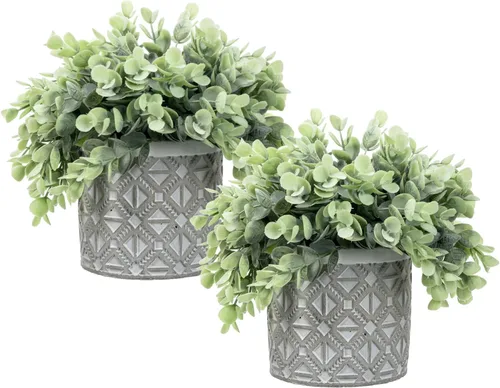 Vista 10 de MyGift Planta artificial de eucalipto en macetas modernas de hormigón gris con patrón geométrico en relieve (1, negro)