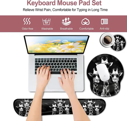 Vista 3 de Alfombrilla de escritorio para mouse y computadora, protector de muñeca impreso con jirafas geniales, goma ergonómicamente antideslizante, cómodo