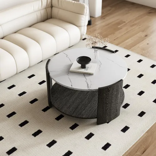 Vista 8 de Mesa de centro redonda, mesas de centro redondas rústicas modernas con estante de almacenamiento de 2 niveles, mesa de cóctel para sala de estar