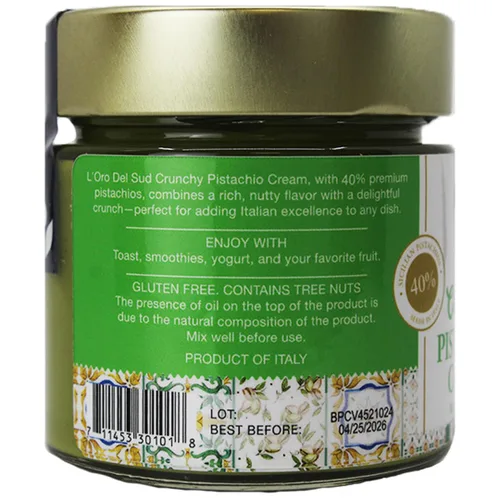 Vista 3 de L'Oro Del Sud, Crema italiana de pistacho, crujiente, 40% pistachos, 7 onzas