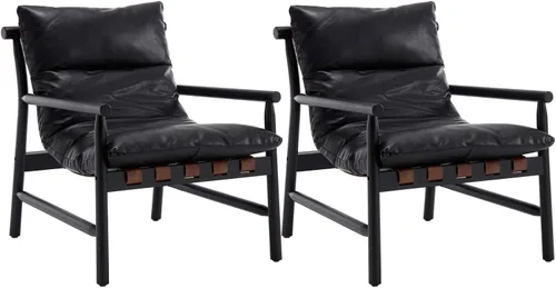Vista 10 de Kmax Silla decorativa moderna tapizada de piel sintética, cómoda silla de descanso con marco de madera maciza para dormitorio, sala de lectura Negro