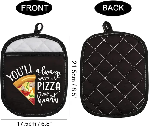 Vista 2 de Almohadillas para horno con temática de pizza, con bolsillo para amantes de la pizza, con bolsillo con texto en inglés "You Always Have A Pizza My