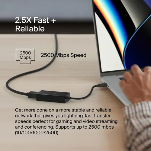 Vista 2 de Belkin Adaptador Ethernet USB tipo C a 2.5 Gb, certificado USB-IF Thunderbolt 3 y 4/USB-C a LAN adaptador de red compatible con MacBook Pro/Air
