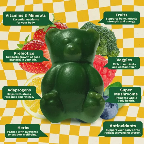 Vista 4 de Gruns Multivitamínico para niños, gomitas Super Greens, más de 20 vitaminas y minerales, espirulina, clorella, alfalfa, fibra prebiótica