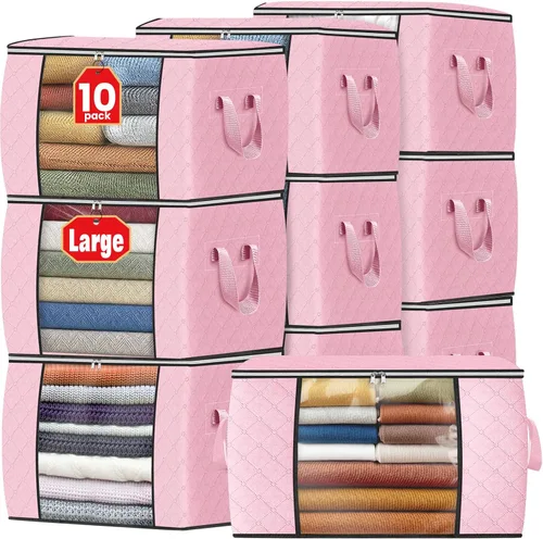 Vista 65 de Fab totes Paquete de 3 bolsas de almacenamiento plegables de tela gruesa, contenedores para organizar dormitorio, armario, ropa, edredón, Beige