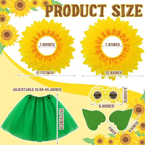 Vista 2 de Xtinmee Juego de 8 piezas de disfraz de girasol, gafas de girasol, guantes verdes, faldas de baile tutú verde, disfraz divertido para adultos