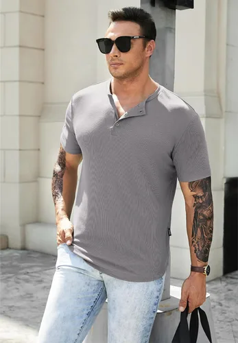 Vista 9 de JMIERR Camisas Henley para hombre con cuello redondo y botones