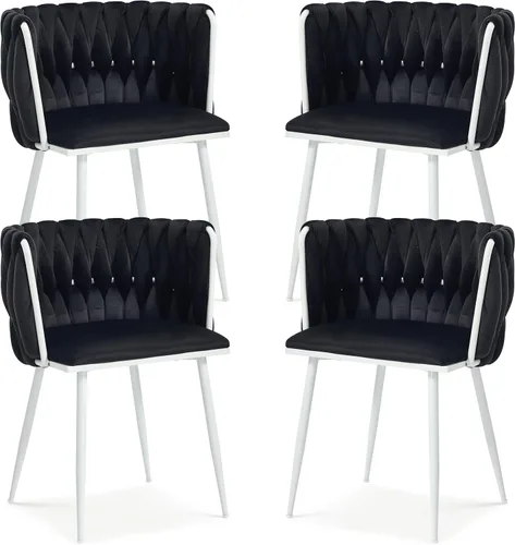Vista 23 de Juego de 2 sillas de comedor de terciopelo, sillas laterales tapizadas tejidas con patas de metal negro, sillas decorativas modernas, sillas