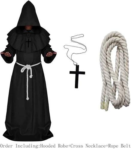 Vista 3 de LHJ Disfraz medieval con capucha de monje renacentista y sacerdote de Friar