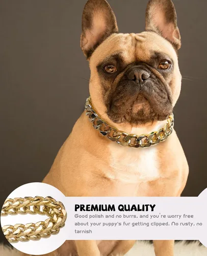 Vista 10 de Collar de perro de cadena dorada – Collar de perro de eslabones cubanos de metal de 7/8 pulgadas de ancho con cinturón de cuero, ligero protege