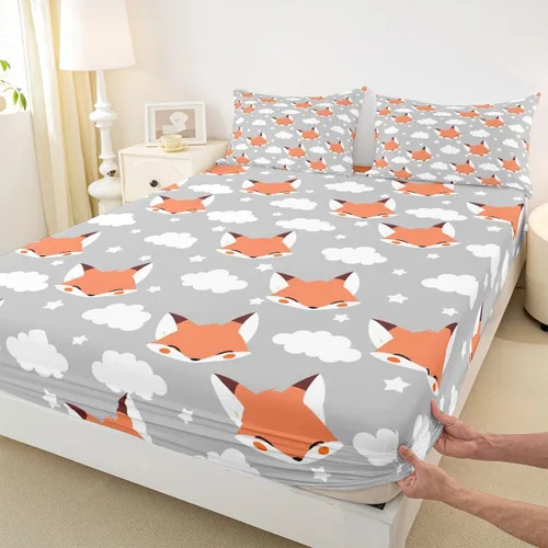 Vista 2 de Erosebridal Juego de ropa de cama de zorro para niños, sábana bajera ajustable de zorro de dibujos animados para niños y niñas, decoración