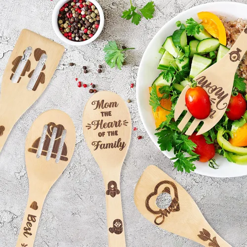 Vista 4 de Eartim Cucharas de madera para el Día de la Madre, juego de 5 cucharas de cocina antiadherentes, cucharas de bambú quemadas, espátula ranurada