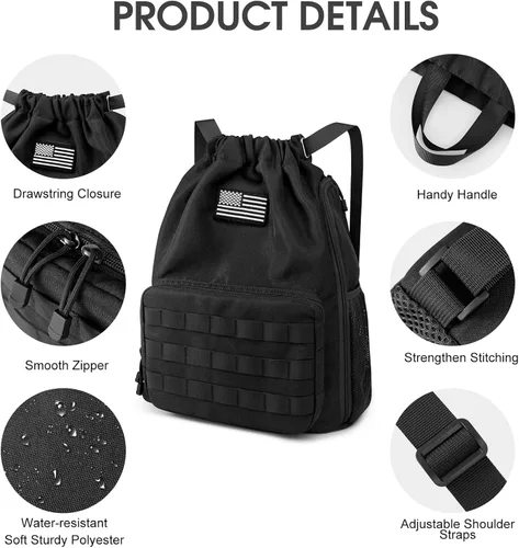 Vista 4 de G4Free Mochila con cordón para gimnasio, bolsa de baloncesto de fútbol con compartimento para zapatos, bolsa deportiva táctica, Negro -, Classic
